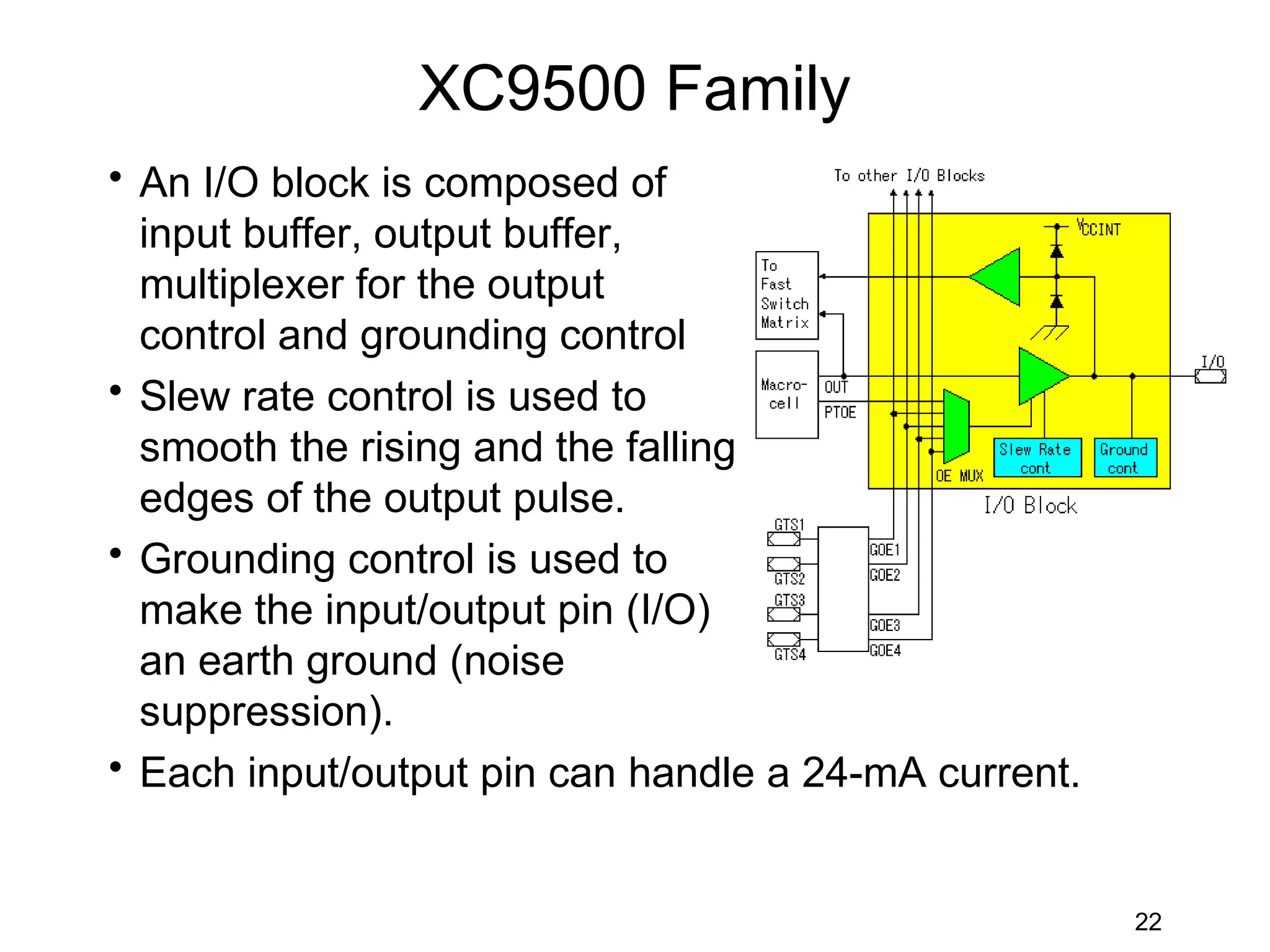 XC9500 Family
• An I/O block is composed of
  input buffer, output buffer,
  multiplexer for the output
  control and grounding control
• Slew rate control is used to
  smooth the rising and the falling
  edges of the output pulse.
• Grounding control is used to
  make the input/output pin (I/O)
  an earth ground (noise
  suppression).
• Each input/output pin can handle a 24-mA current.


                                                      22
 