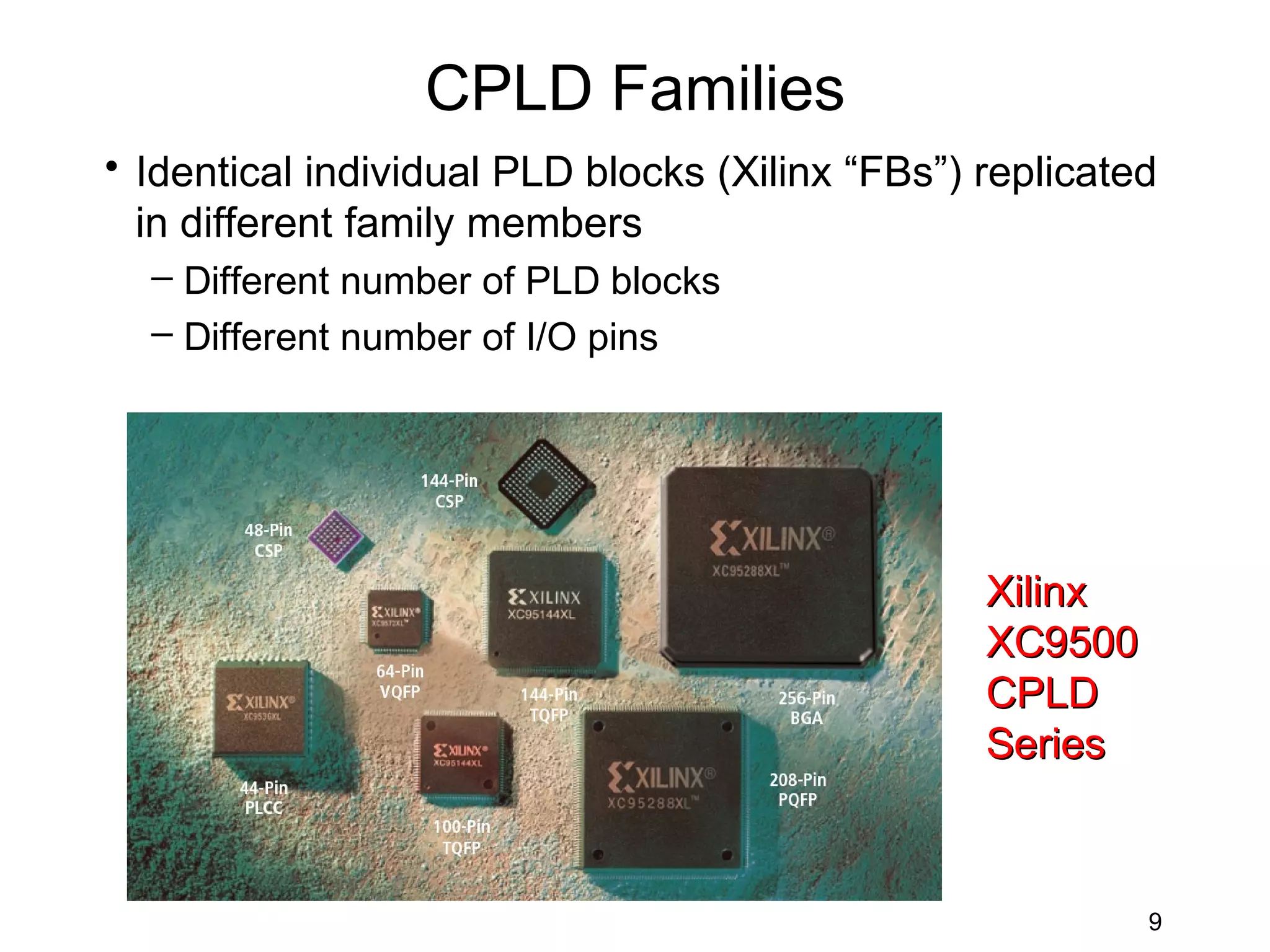 CPLD Families
• Identical individual PLD blocks (Xilinx “FBs”) replicated
  in different family members
  – Different number of PLD blocks
  – Different number of I/O pins




                                                 Xilinx
                                                 XC9500
                                                 CPLD
                                                 Series



                                                          9
 
