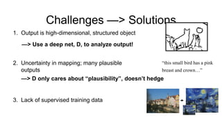 Challenges —> Solutions
1. Output is high-dimensional, structured object
2. Uncertainty in mapping; many plausible
outputs
3. Lack of supervised training data
“this small bird has a pink
breast and crown…”
—> Use a deep net, D, to analyze output!
—> D only cares about “plausibility”, doesn’t hedge
 