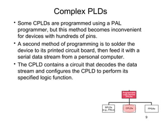 Complex PLDs
• Some CPLDs are programmed using a PAL
  programmer, but this method becomes inconvenient
  for devices with hundreds of pins.
• A second method of programming is to solder the
  device to its printed circuit board, then feed it with a
  serial data stream from a personal computer.
• The CPLD contains a circuit that decodes the data
  stream and configures the CPLD to perform its
  specified logic function.

                                                       Programmable
                                                       Logic Devices
                                                          (FPLDs)




                                           SPLDs          CPLDs            FPGAs
                                        (e.g., PALs)


                                                                       9
 