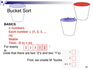 Bucket Sort

 BASICS:
     n numbers
     Each number  {1, 2, 3, ...
     m}
     Stable
     Time: O (n + m)
 For example, m = 3 and our array
 is:
(note that there are two “2”s and two “1”s)

                  First, we create M “buckets”

                                                 13
 
