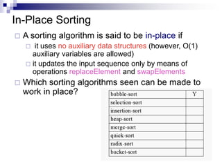 In-Place Sorting
   A sorting algorithm is said to be in-place if
      it uses no auxiliary data structures (however, O(1)
      auxiliary variables are allowed)
     it updates the input sequence only by means of
      operations replaceElement and swapElements
   Which sorting algorithms seen can be made to
    work in place?




                                                             16
 