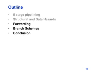 16
Outline
• 5 stage pipelining
• Structural and Data Hazards
• Forwarding
• Branch Schemes
• Conclusion
 