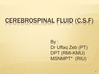 CEREBROSPINAL FLUID (C.S.F)
By :
Dr Uffaq Zeb (PT)
DPT (RMI-KMU)
MSNMPT* (RIU)
1
 