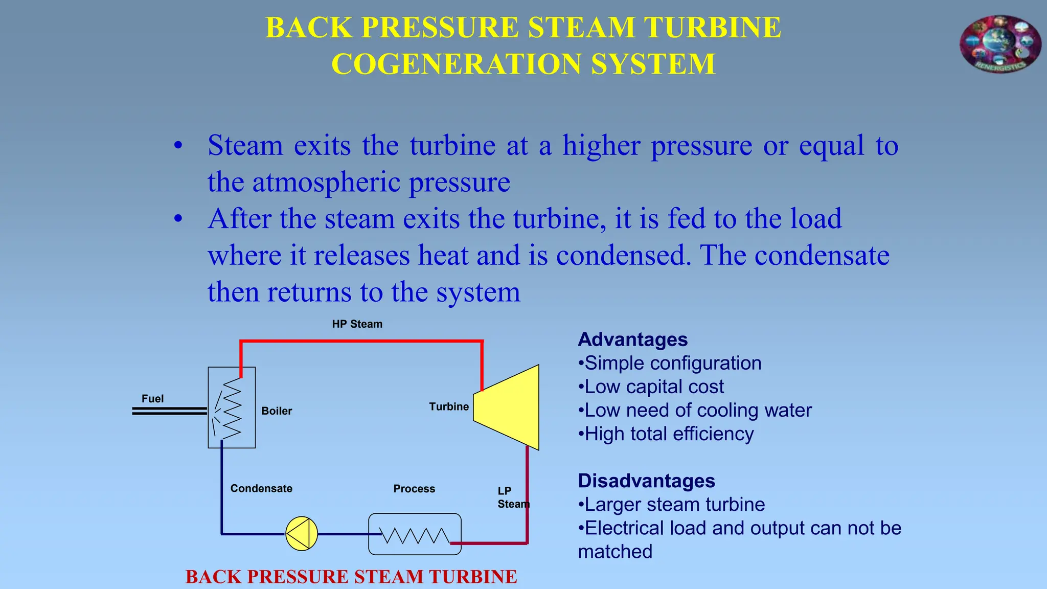 • Steam exits the turbine at a higher pressure or equal to
the atmospheric pressure
• After the steam exits the turbine, it is fed to the load
where it releases heat and is condensed. The condensate
then returns to the system
BACK PRESSURE STEAM TURBINE
COGENERATION SYSTEM
Fuel
BACK PRESSURE STEAM TURBINE
Advantages
•Simple configuration
•Low capital cost
•Low need of cooling water
•High total efficiency
Disadvantages
•Larger steam turbine
•Electrical load and output can not be
matched
Boiler Turbine
Process
HP Steam
Condensate LP
Steam
 