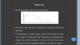 PROCESS
 The following figure represents an analog signal.
 This signal to get converted into digital, has to undergo sampling and
quantizing.
 The quantizing of an analog signal is done by discretizing the signal
with a number of quantization levels. Quantization is representing the
sampled values of the amplitude by a finite set of levels, which means
converting a continuous-amplitude sample into a discrete-time signal.
 