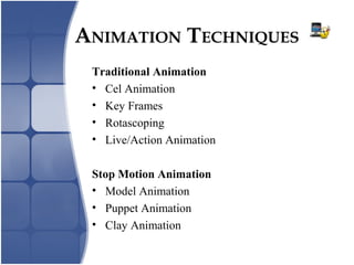 ANIMATION TECHNIQUES
Traditional Animation
• Cel Animation
• Key Frames
• Rotascoping
• Live/Action Animation
Stop Motion Animation
• Model Animation
• Puppet Animation
• Clay Animation
 