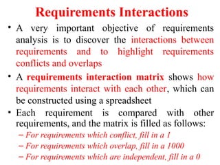 Requirements Interactions
• A very important objective of requirements
analysis is to discover the interactions between
requirements and to highlight requirements
conflicts and overlaps
• A requirements interaction matrix shows how
requirements interact with each other, which can
be constructed using a spreadsheet
• Each requirement is compared with other
requirements, and the matrix is filled as follows:
– For requirements which conflict, fill in a 1
– For requirements which overlap, fill in a 1000
– For requirements which are independent, fill in a 0
 