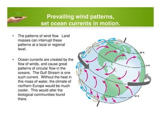 Prevailing wind patterns,
set ocean currents in motion.
• The patterns of wind flow Land
masses can interrupt these
patterns at a local or regional
level.
• Ocean currents are created by the
flow of winds, and cause greatflow of winds, and cause great
patterns of circular flow in the
oceans. The Gulf Stream is one
such current. Without the heat in
this mass of water, the climate of
northern Europe would be much
cooler. This would alter the
biological communities found
there.
 