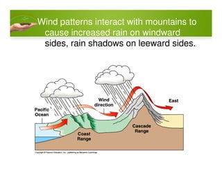Wind patterns interact with mountains to
cause increased rain on windward
sides, rain shadows on leeward sides.
 