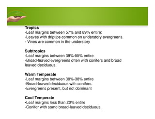 Tropics
-Leaf margins between 57% and 89% entire:
-Leaves with driptips common on understory evergreens.
- Vines are common in the understory
Subtropics
-Leaf margins between 39%-55% entire
-Broad-leaved evergreens often with conifers and broad-Broad-leaved evergreens often with conifers and broad
leaved deciduous.
Warm Temperate
-Leaf margins between 30%-38% entire
-Broad-leaved deciduous with conifers.
-Evergreens present, but not dominant
Cool Temperate
-Leaf margins less than 20% entire
-Conifer with some broad-leaved deciduous.
 