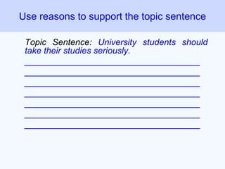 Topic Sentence: University students should
take their studies seriously.
____________________________________
____________________________________
____________________________________
____________________________________
____________________________________
____________________________________
____________________________________
Use reasons to support the topic sentence
 
