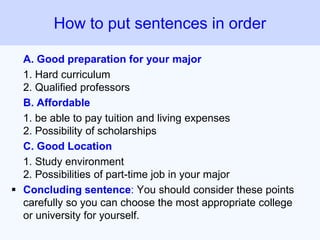 A. Good preparation for your major
1. Hard curriculum
2. Qualified professors
B. Affordable
1. be able to pay tuition and living expenses
2. Possibility of scholarships
C. Good Location
1. Study environment
2. Possibilities of part-time job in your major
 Concluding sentence: You should consider these points
carefully so you can choose the most appropriate college
or university for yourself.
How to put sentences in order
 