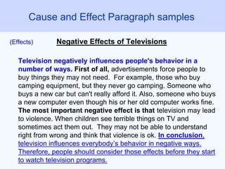 (Effects) Negative Effects of Televisions
Television negatively influences people's behavior in a
number of ways. First of all, advertisements force people to
buy things they may not need. For example, those who buy
camping equipment, but they never go camping. Someone who
buys a new car but can't really afford it. Also, someone who buys
a new computer even though his or her old computer works fine.
The most important negative effect is that television may lead
to violence. When children see terrible things on TV and
sometimes act them out. They may not be able to understand
right from wrong and think that violence is ok. In conclusion,
television influences everybody’s behavior in negative ways.
Therefore, people should consider those effects before they start
to watch television programs.
Cause and Effect Paragraph samples
 