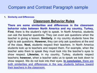 1. Similarity and Differences
Classroom Behavior Rules
There are some similarities and differences in the classroom
behavior rules between North America and my country, Turkey.
First, there is the student’s right to speak. In North America, students
can ask the teacher questions. They can even ask questions when the
teacher is giving a lesson. Similarly, in my country students have the
right to ask questions. However, they can only ask questions at the end
of the class. Next, students respect their teachers. In North America
students look up to teachers and respect them. For example, when the
teacher asks them to speak they must look into the teacher’s eyes to
show respect. Likewise, in my country, Turkey, students respect
teachers; however, when a teacher asks us to speak we look down to
show respect. We do not look into their eyes. In conclusion, there are
both similarities and differences in the way students behave toward
their teachers in the classroom.
Compare and Contrast Paragraph sample
 