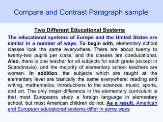 Two Different Educational Systems
The educational systems of Europe and the United States are
similar in a number of ways. To begin with, elementary school
classes look the same everywhere. There are about twenty to
twenty-two pupils per class, and the classes are coeducational.
Also, there is one teacher for all subjects for each grade (except in
Scandinavia), and the majority of elementary school teachers are
women. In addition, the subjects which are taught at the
elementary level are basically the same everywhere: reading and
writing, mathematics, introductions to the sciences, music, sports,
and art. The only major difference in the elementary curriculum is
that most Europeans study a foreign language in elementary
school, but most American children do not. As a result, American
and European educational systems differ in some ways
Compare and Contrast Paragraph sample
 
