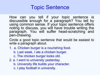 How can you tell if your topic sentence is
discussible enough for a paragraph? You tell by
using common sense. If your topic sentence offers
noting to discuss, you will have trouble writing the
paragraph. You will suffer head-scratching and
pen-chewing.
Circle a good topic sentence that would be easiest to
write a paragraph about.
1. a. Chicken burger is a nourishing food.
b. Last week, I ate a chicken burger.
c. The chicken burger looks old.
2. a. I went to university yesterday.
b. University life builds your character.
c. I play football in university.
Topic Sentence
 