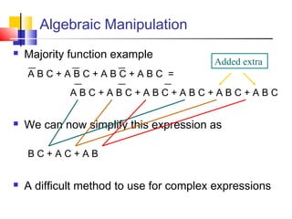 Algebraic Manipulation
 Majority function example
A B C + A B C + A B C + A B C =
A B C + A B C + A B C + A B C + A B C + A B C
 We can now simplify this expression as
B C + A C + A B
 A difficult method to use for complex expressions
Added extra
 