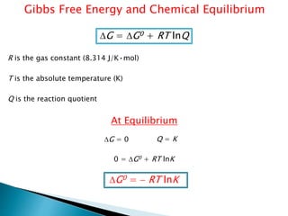 Gibbs Free Energy and Chemical Equilibrium
DG = DG0 + RT lnQ
R is the gas constant (8.314 J/K•mol)
T is the absolute temperature (K)
Q is the reaction quotient
At Equilibrium
DG = 0 Q = K
0 = DG0 + RT lnK
DG0 = - RT lnK
 