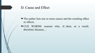 D. Cause and Effect
The author lists one or more causes and the resulting effect
or effects.
CUE WORDS: reasons why; if...then; as a result;
therefore; because…
 