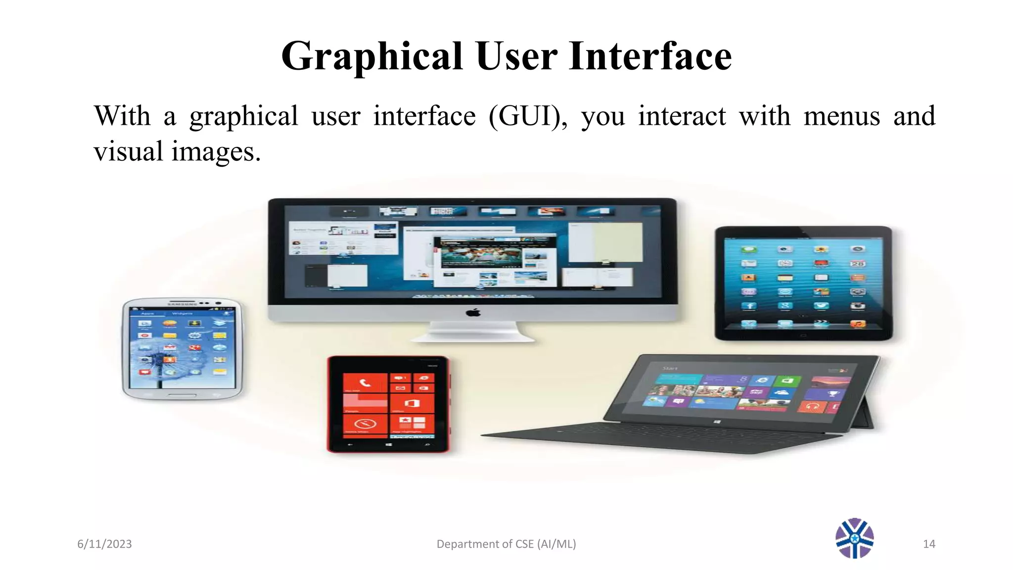 Graphical User Interface
6/11/2023 Department of CSE (AI/ML) 14
With a graphical user interface (GUI), you interact with menus and
visual images.
 