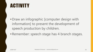 ACTIVITY
•Draw an infographic [computer design with
information] to present the development of
speech production by children.
•Remember: speech stage has 4 branch stages.
26/08/1437 Abdulaziz B Assanosi azizsanosi@gmail.com 28
 