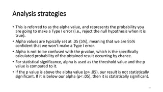 Analysis strategies
• This is referred to as the alpha value, and represents the probability you
are going to make a Type I error (i.e., reject the null hypothesis when it is
true).
• Alpha values are typically set at .05 (5%), meaning that we are 95%
confident that we won’t make a Type I error.
• Alpha is not to be confused with the p value, which is the specifically
calculated probability of the obtained result occurring by chance.
• For statistical significance, alpha is used as the threshold value and the p
value is compared to it.
• If the p value is above the alpha value (p> .05), our result is not statistically
significant. If it is below our alpha (p< .05), then it is statistically significant.
19
 