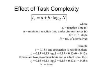 Dr. Lina Shbeeb
Effect of Task Complexity
where
tr = reaction time (s)
a = minimum reaction time under circumstances (s)
b = 0.13, slope
N = no. of alternatives
Example
a = 0.15 s and one action is possible, then
tr = 0.15 +0.13 log21 = 0.15 + 0.13x0 = 0.15 s
If there are two possible actions are to select from, then
tr = 0.15 +0.13 log22 = 0.15 + 0.13x1 = 0.28 s
Nbatr 2log
 
