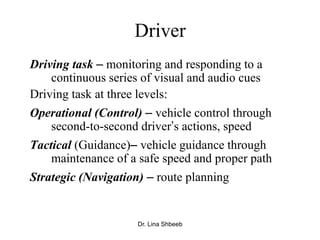 Dr. Lina Shbeeb
Driving task – monitoring and responding to a
continuous series of visual and audio cues
Driving task at three levels:
Operational (Control) – vehicle control through
second-to-second driver’s actions, speed
Tactical (Guidance)– vehicle guidance through
maintenance of a safe speed and proper path
Strategic (Navigation) – route planning
Driver
 