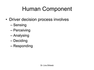 Dr. Lina Shbeeb
Human Component
• Driver decision process involves
– Sensing
– Perceiving
– Analysing
– Deciding
– Responding
 