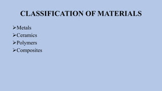 CLASSIFICATION OF MATERIALS
➢Metals
➢Ceramics
➢Polymers
➢Composites
 