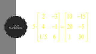 SCALAR
MULTIPLICATION
2 3 10 15
5 4 1 20 5
1/5 6 1 30
    
         
      
 