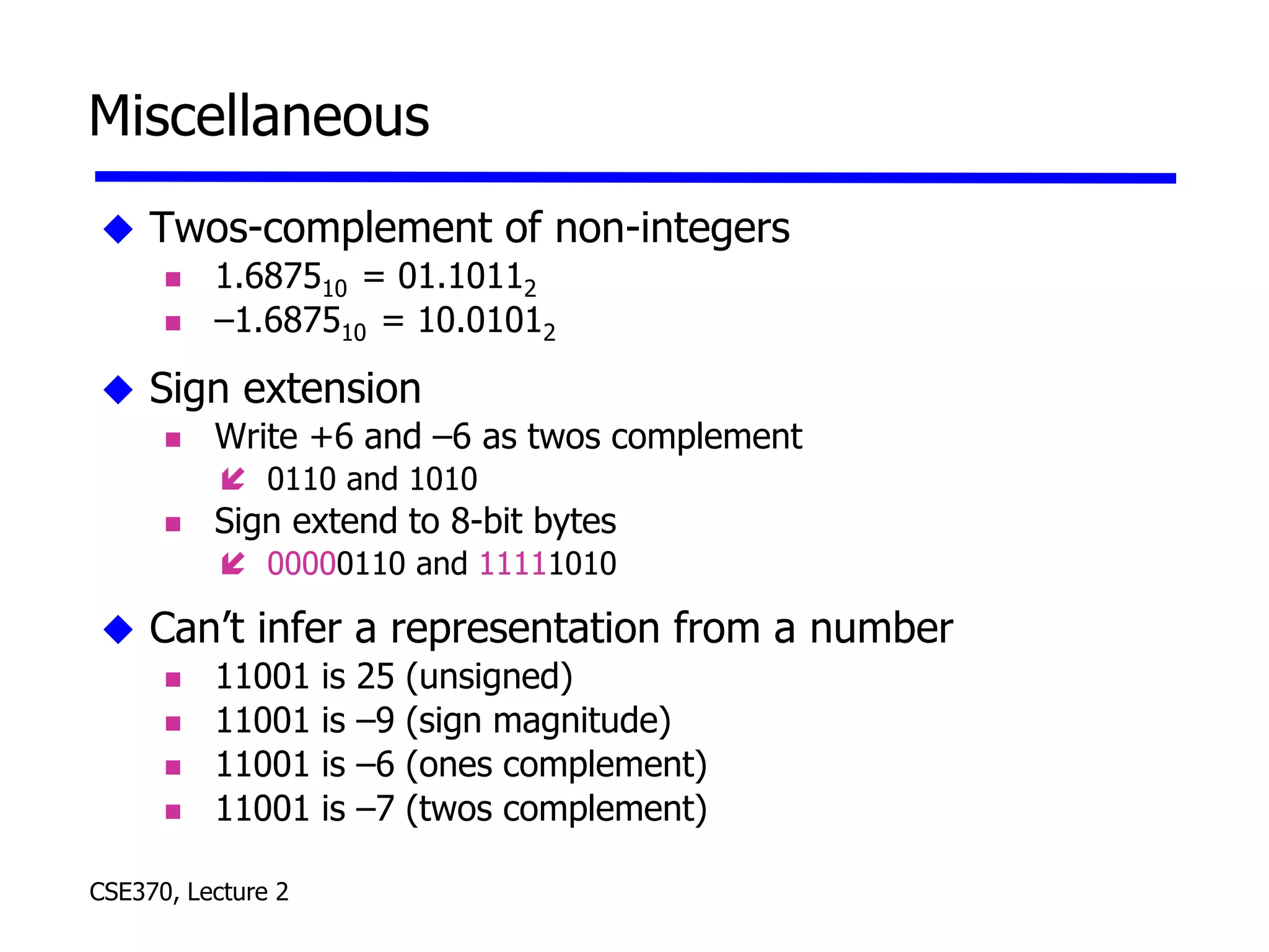 CSE370, Lecture 2
Miscellaneous
 Twos-complement of non-integers
 1.687510 = 01.10112
 –1.687510 = 10.01012
 Sign extension
 Write +6 and –6 as twos complement
 0110 and 1010
 Sign extend to 8-bit bytes
 00000110 and 11111010
 Can’t infer a representation from a number
 11001 is 25 (unsigned)
 11001 is –9 (sign magnitude)
 11001 is –6 (ones complement)
 11001 is –7 (twos complement)
 