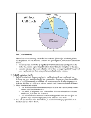 33
Cell Cycle Summary
The cell cycle is a repeating series of events that cells go through. It includes growth,
DNA synthesis, and cell division. There are two growth phases, and cell division includes
mitosis.
 The cell cycle is controlled by regulatory proteins at three key checkpoints in the
cycle. The proteins signal the cell to either start or delay the next phase of the cycle.
 Cancer is a disease that occurs when the cell cycle is no longer regulated. Cancer cells
grow rapidly and may form a mass of abnormal cells called a tumor.
2) Cell differentiation (‫)ﺍﻟﺘﻤﻴﻴﺰ‬
 Cell differentiation is the process whereby proliferating cells are transformed into
different and more specialized cell types. It determines the structure, function, and life
span of a cell. For example, a red blood cell is programmed to develop into a concave
disk that functions as a vehicle for oxygen transport and lives approximately 120 days.
 There are three types of cells:
o The well differentiated neurons and cells of skeletal and cardiac muscle that are
unable to divide and reproduce;
o The parent, or progenitor cells, that continue to divide and reproduce, such as
blood cells, skin cells, and liver cells.
o The undifferentiated stem cells that can be triggered to enter the cell cycle and
produce large numbers of progenitor cells when the need arises.
 As a cell line becomes more differentiated, it becomes more highly specialized in its
function and less able to divide.
 