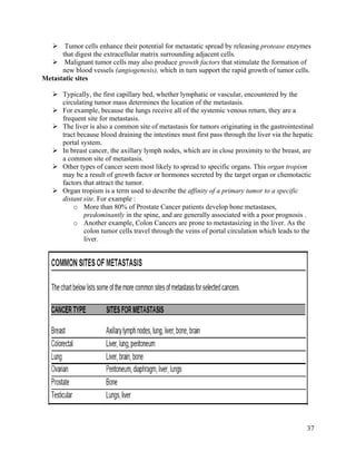 37
 Tumor cells enhance their potential for metastatic spread by releasing protease enzymes
that digest the extracellular matrix surrounding adjacent cells.
 Malignant tumor cells may also produce growth factors that stimulate the formation of
new blood vessels (angiogenesis), which in turn support the rapid growth of tumor cells.
Metastatic sites
 Typically, the first capillary bed, whether lymphatic or vascular, encountered by the
circulating tumor mass determines the location of the metastasis.
 For example, because the lungs receive all of the systemic venous return, they are a
frequent site for metastasis.
 The liver is also a common site of metastasis for tumors originating in the gastrointestinal
tract because blood draining the intestines must first pass through the liver via the hepatic
portal system.
 In breast cancer, the axillary lymph nodes, which are in close proximity to the breast, are
a common site of metastasis.
 Other types of cancer seem most likely to spread to specific organs. This organ tropism
may be a result of growth factor or hormones secreted by the target organ or chemotactic
factors that attract the tumor.
 Organ tropism is a term used to describe the affinity of a primary tumor to a specific
distant site. For example :
o More than 80% of Prostate Cancer patients develop bone metastases,
predominantly in the spine, and are generally associated with a poor prognosis .
o Another example, Colon Cancers are prone to metastasizing in the liver. As the
colon tumor cells travel through the veins of portal circulation which leads to the
liver.
 
