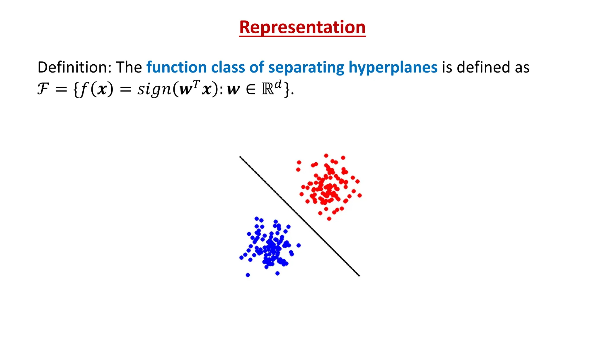 Definition: The function class of separating hyperplanes is defined as
ℱ = {𝑓 𝒙 = 𝑠𝑖𝑔𝑛 𝒘!
𝒙 : 𝒘 ∈ ℝ"
}.
Representation
 