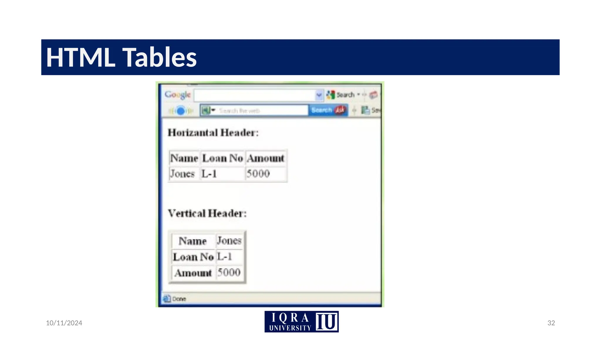 10/11/2024 32
HTML Tables
 