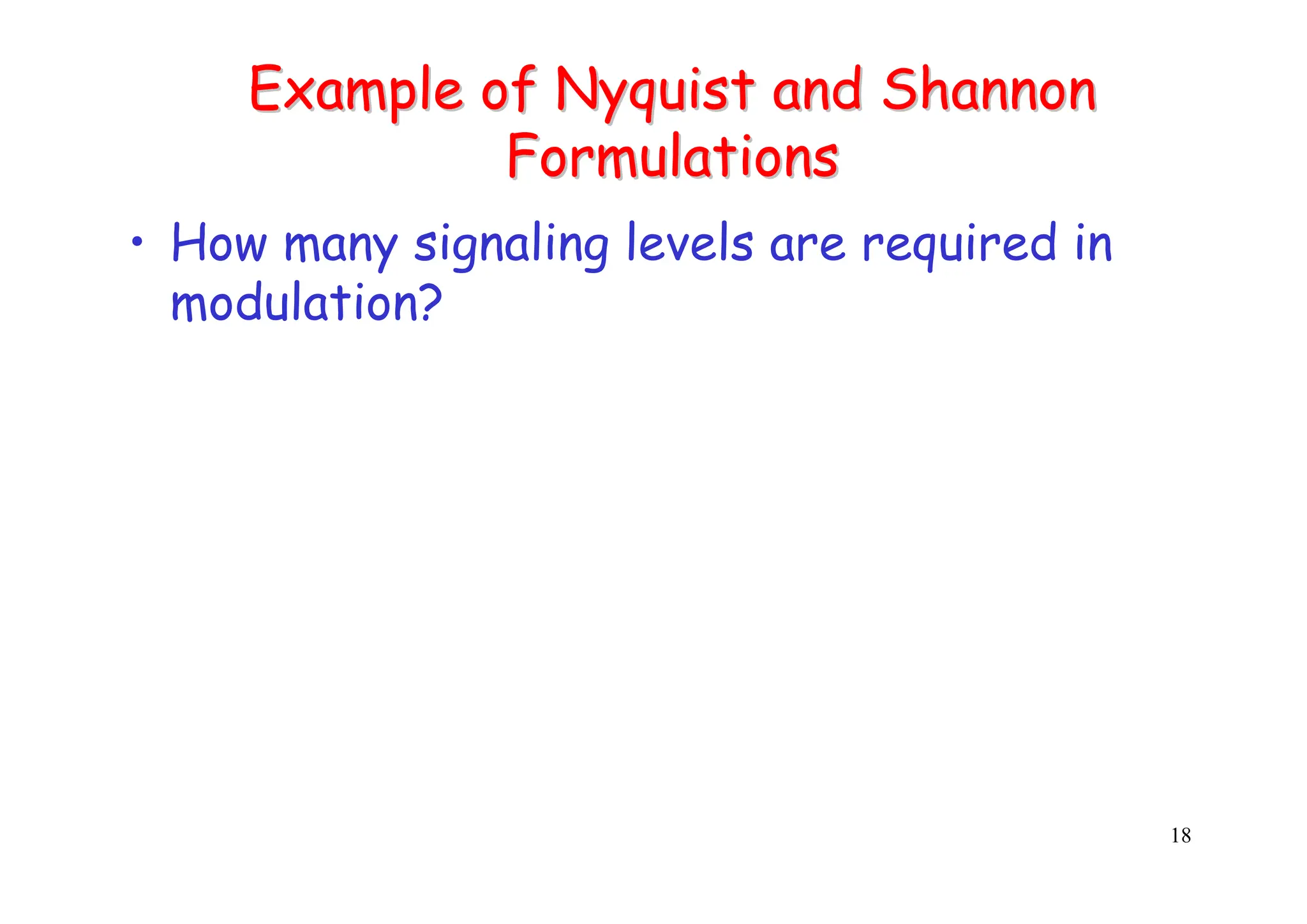 18
Example of
Example of Nyquist
Nyquist and Shannon
and Shannon
Formulations
Formulations
• How many signaling levels are required in
modulation?
 