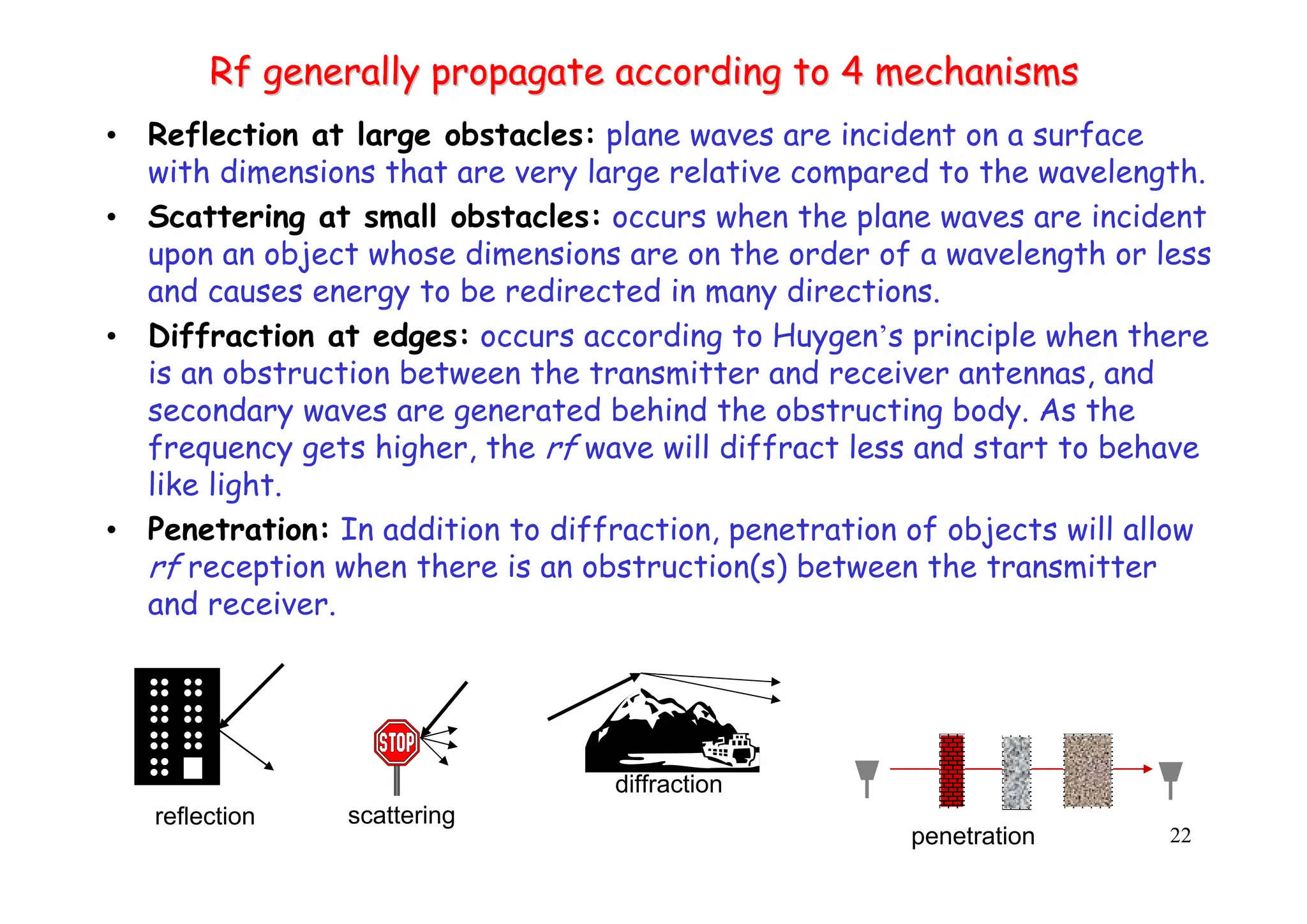 22
Rf
Rf generally propagate according to 4 mechanisms
generally propagate according to 4 mechanisms
• Reflection at large obstacles: plane waves are incident on a surface
with dimensions that are very large relative compared to the wavelength.
• Scattering at small obstacles: occurs when the plane waves are incident
upon an object whose dimensions are on the order of a wavelength or less
and causes energy to be redirected in many directions.
• Diffraction at edges: occurs according to Huygen’s principle when there
is an obstruction between the transmitter and receiver antennas, and
secondary waves are generated behind the obstructing body. As the
frequency gets higher, the rf wave will diffract less and start to behave
like light.
• Penetration: In addition to diffraction, penetration of objects will allow
rf reception when there is an obstruction(s) between the transmitter
and receiver.
reflection scattering
diffraction
penetration
 