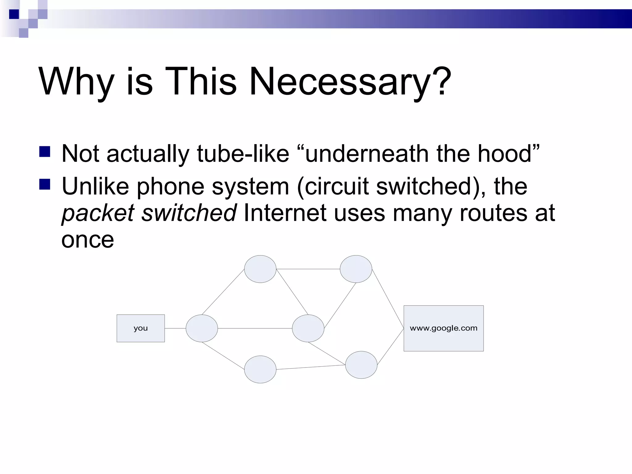 Why is This Necessary? Not actually tube-like “underneath the hood” Unlike phone system (circuit switched), the  packet switched  Internet uses many routes at once 