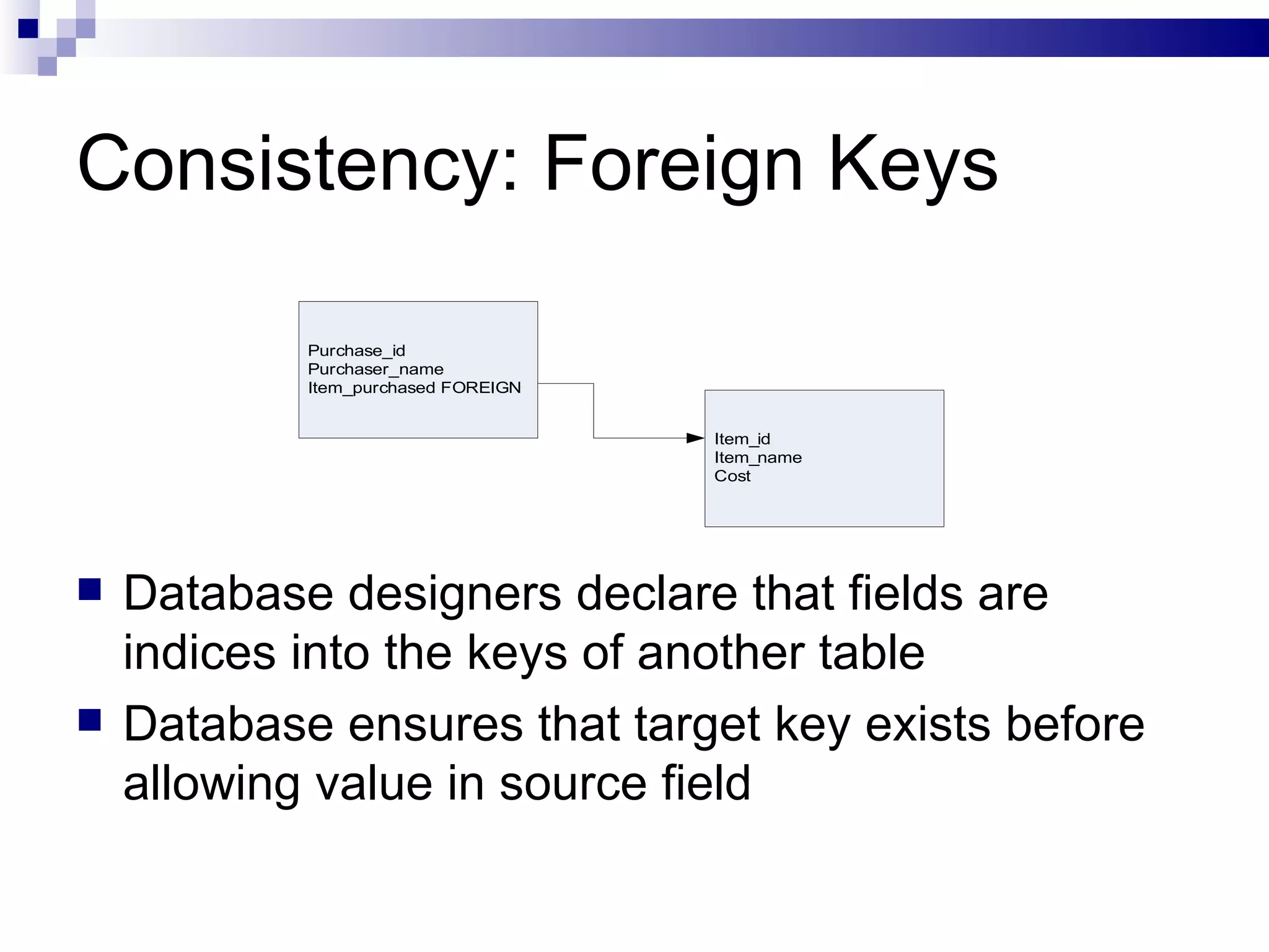 Consistency: Foreign Keys Database designers declare that fields are indices into the keys of another table Database ensures that target key exists before allowing value in source field 