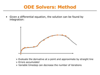 ODE Solvers: Method

• Given a differential equation, the solution can be found by
  integration:




         Evaluate the derivative at a point and approximate by straight line
         Errors accumulate!
         Variable timestep can decrease the number of iterations
 
