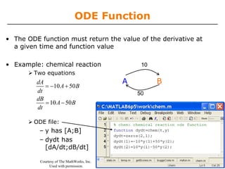 ODE Function

• The ODE function must return the value of the derivative at
  a given time and function value

• Example: chemical reaction                     10
        Two equations
         dA                                 A         B
            = −10 A + 50 B
         dt                                     50
         dB
            = 10 A − 50 B
         dt

        ODE file:
          – y has [A;B]
          – dydt has
            [dA/dt;dB/dt]

          Courtesy of The MathWorks, Inc.
               Used with permission.
 