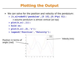 Plotting the Output

  • We can solve for the position and velocity of the pendulum:
    » [t,x]=ode45('pendulum',[0 10],[0.9*pi 0]);
            assume pendulum is almost vertical (at top)
      »   plot(t,x(:,1));
      »   hold on;
      »   plot(t,x(:,2),'r');
      »   legend('Position','Velocity');
                       8
                                                                Position
                                                                Velocity
                       6
                                                                                Velocity (m/s)
Position in terms of   4


angle (rad)            2


                       0


                       -2


                       -4


                       -6


                       -8
                            0   1   2   3   4   5   6   7   8     9        10
 