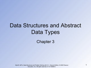 Nyhoff, ADTs, Data Structures and Problem Solving with C++, Second Edition, © 2005 Pearson
Education, Inc. All rights reserved. 0-13-140909-3
1
Data Structures and Abstract
Data Types
Chapter 3
 