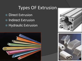 Types OF Extrusion
   Direct Extrusion
   Indirect Extrusion
   Hydraulic Extrusion
 
