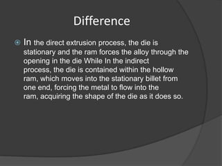 Difference
   In the direct extrusion process, the die is
    stationary and the ram forces the alloy through the
    opening in the die While In the indirect
    process, the die is contained within the hollow
    ram, which moves into the stationary billet from
    one end, forcing the metal to flow into the
    ram, acquiring the shape of the die as it does so.
 
