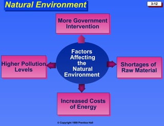 Natural Environment Factors  Affecting the  Natural Environment  More Government Intervention Shortages of  Raw Material Increased Costs of Energy Higher Pollution Levels 