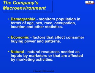 The Company’s  Macroenvironment Demographic  - monitors population in terms of age, sex, race, occupation, location and other statistics. Economic   - factors that affect consumer buying power and patterns. Natura l  - natural resources needed as inputs by marketers or that are affected by marketing activities. 