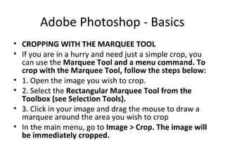 Adobe Photoshop - Basics
• CROPPING WITH THE MARQUEE TOOL
• If you are in a hurry and need just a simple crop, you
can use the Marquee Tool and a menu command. To
crop with the Marquee Tool, follow the steps below:
• 1. Open the image you wish to crop.
• 2. Select the Rectangular Marquee Tool from the
Toolbox (see Selection Tools).
• 3. Click in your image and drag the mouse to draw a
marquee around the area you wish to crop
• In the main menu, go to Image > Crop. The image will
be immediately cropped.
 